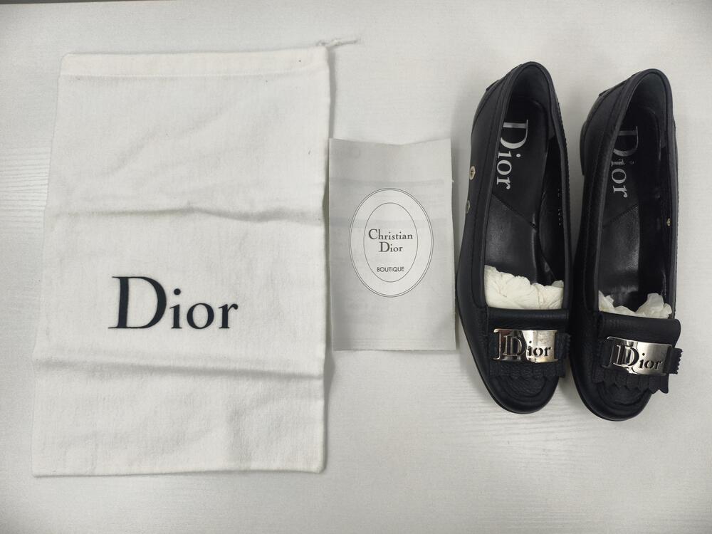 Vintage Dior Loafers Shoes Womens Size 8 Black Leather Logo Buckle Flat DEE79133